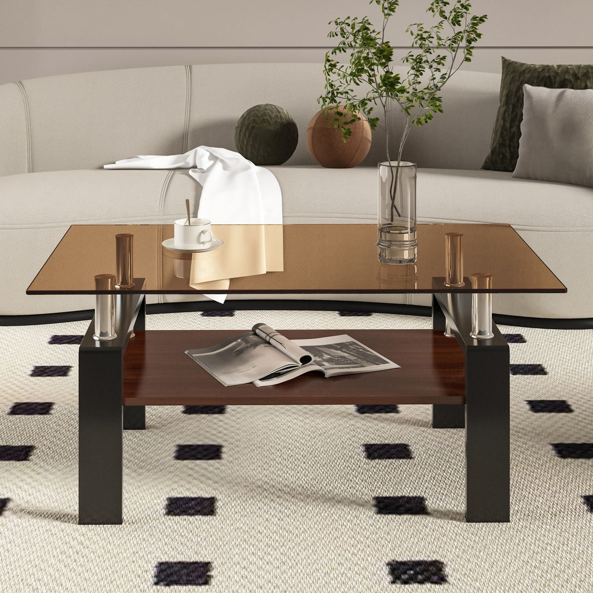 Modern rectangular coffee table with dark brown tempered glass top HouseOfZazla on Tampa Home & Garden Store