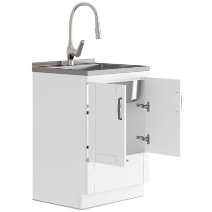 Deluxe laundry cabinet with sink and faucet, white vanity with chrome gooseneck faucet on Tampa Home & Garden Store