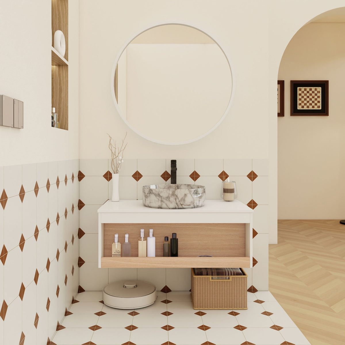 Floating vanity with vessel sink, white cabinet, marble bowl, black faucet, round mirror on Tampa Home & Garden Store