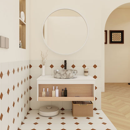Floating vanity with vessel sink, white cabinet, marble bowl, black faucet, round mirror on Tampa Home & Garden Store