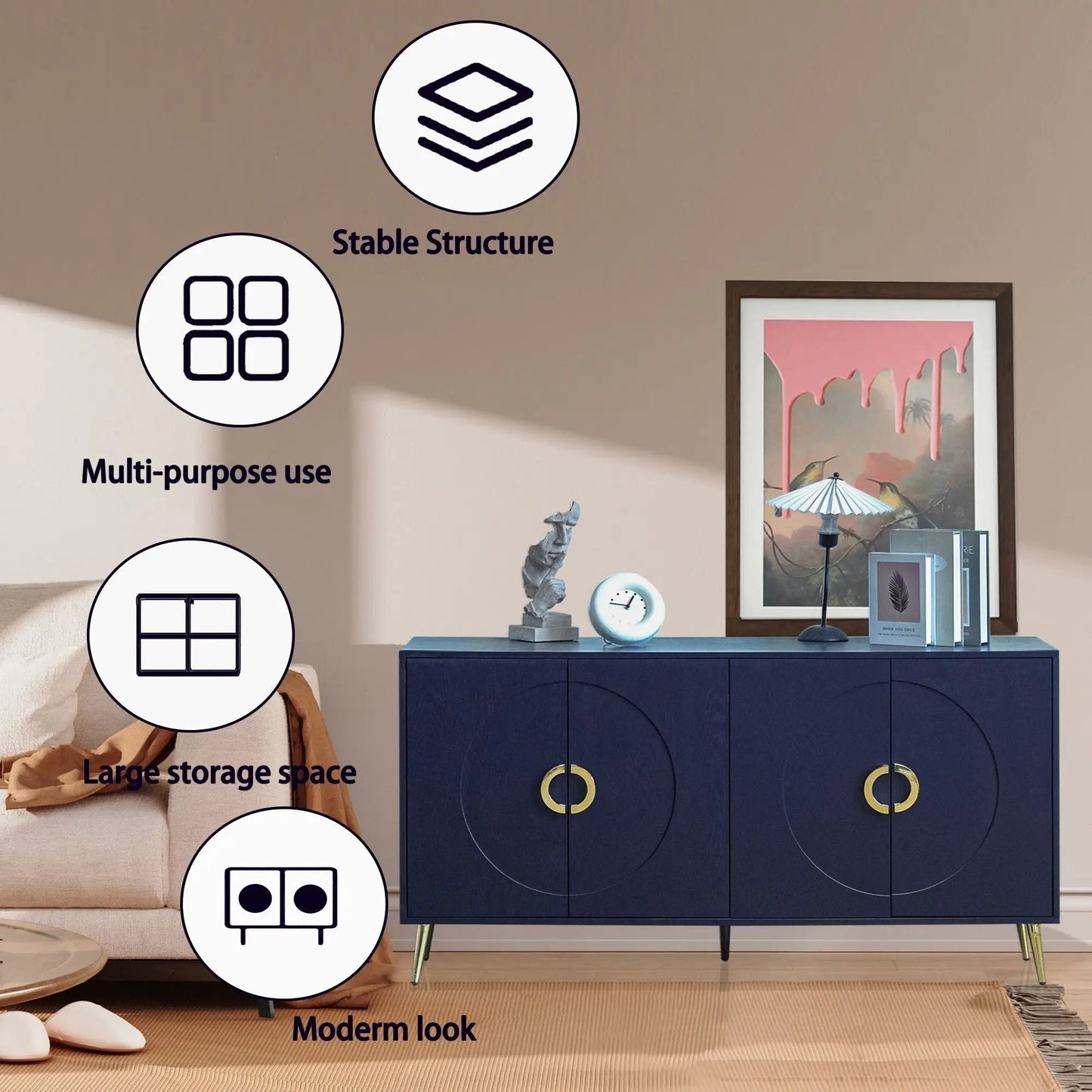 Modern lacquered 4-door sideboard in navy with gold ring pulls by Unique Piece Furniture on Tampa Home & Garden Store