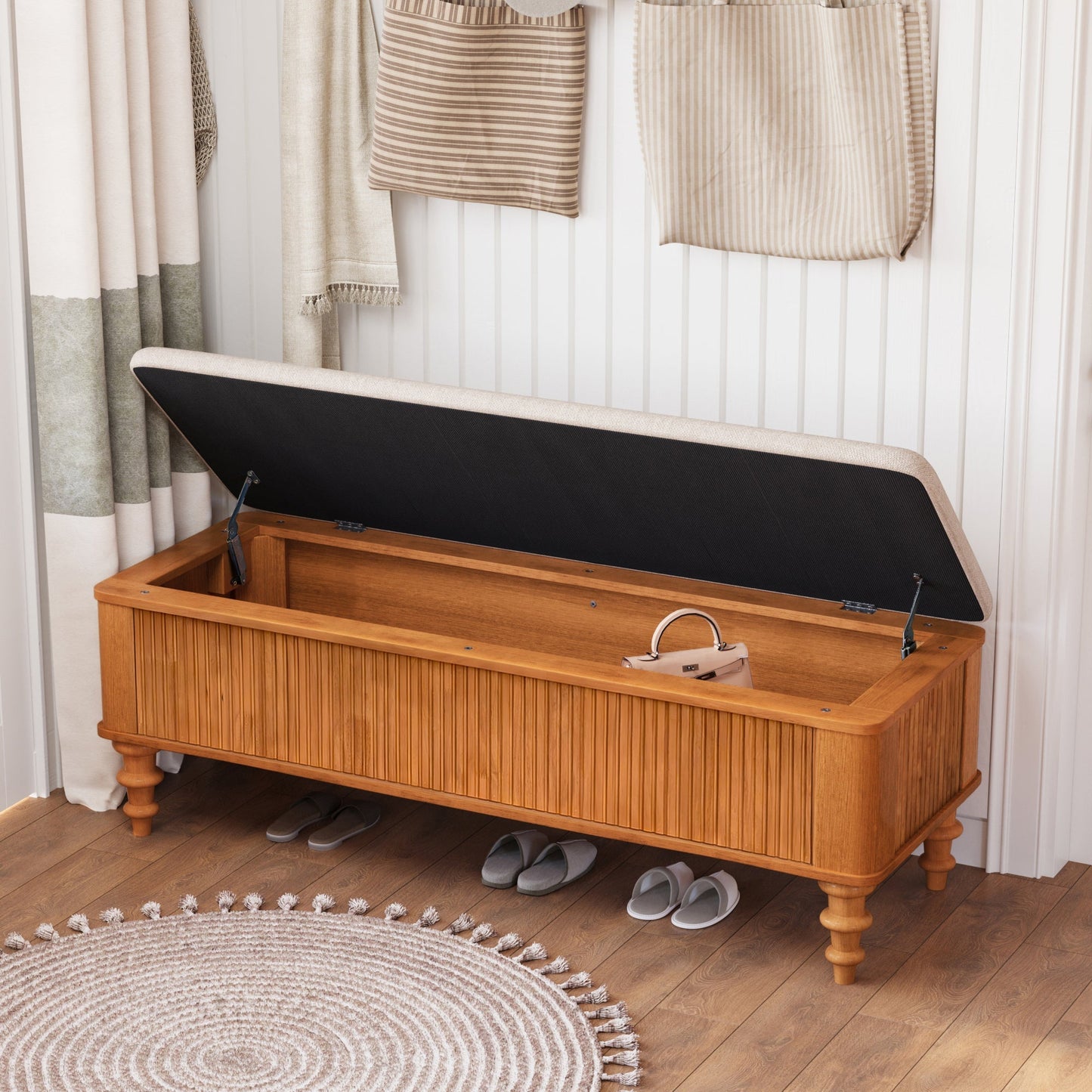 50.8-Inch Storage Ottoman Bench with beige upholstered lid and open storage in a wooden base on Tampa Home & Garden Store