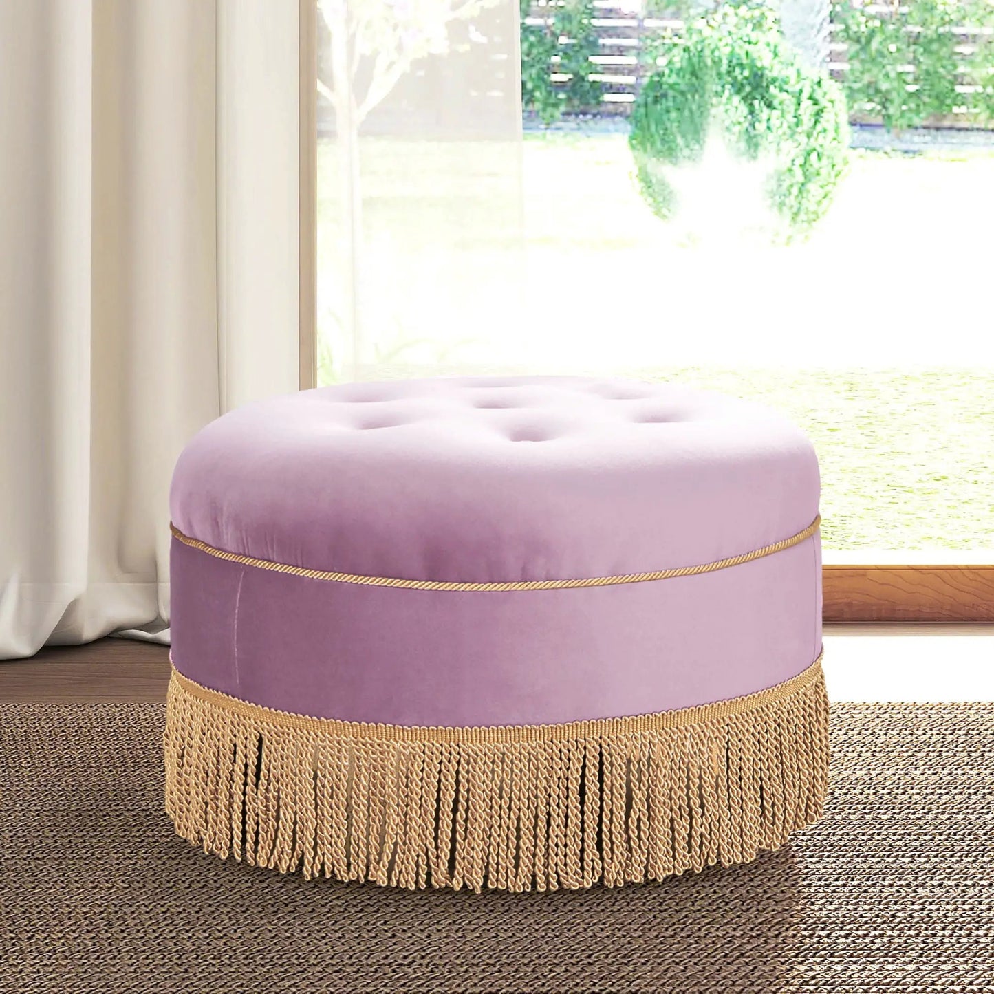 Yolanda round lavender upholstered ottoman with tufted top and natural fringe base on Tampa Home & Garden Store