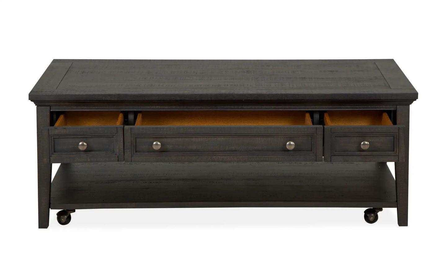Westley Falls cocktail table with casters graphite finish, three drawers on Tampa Home & Garden Store