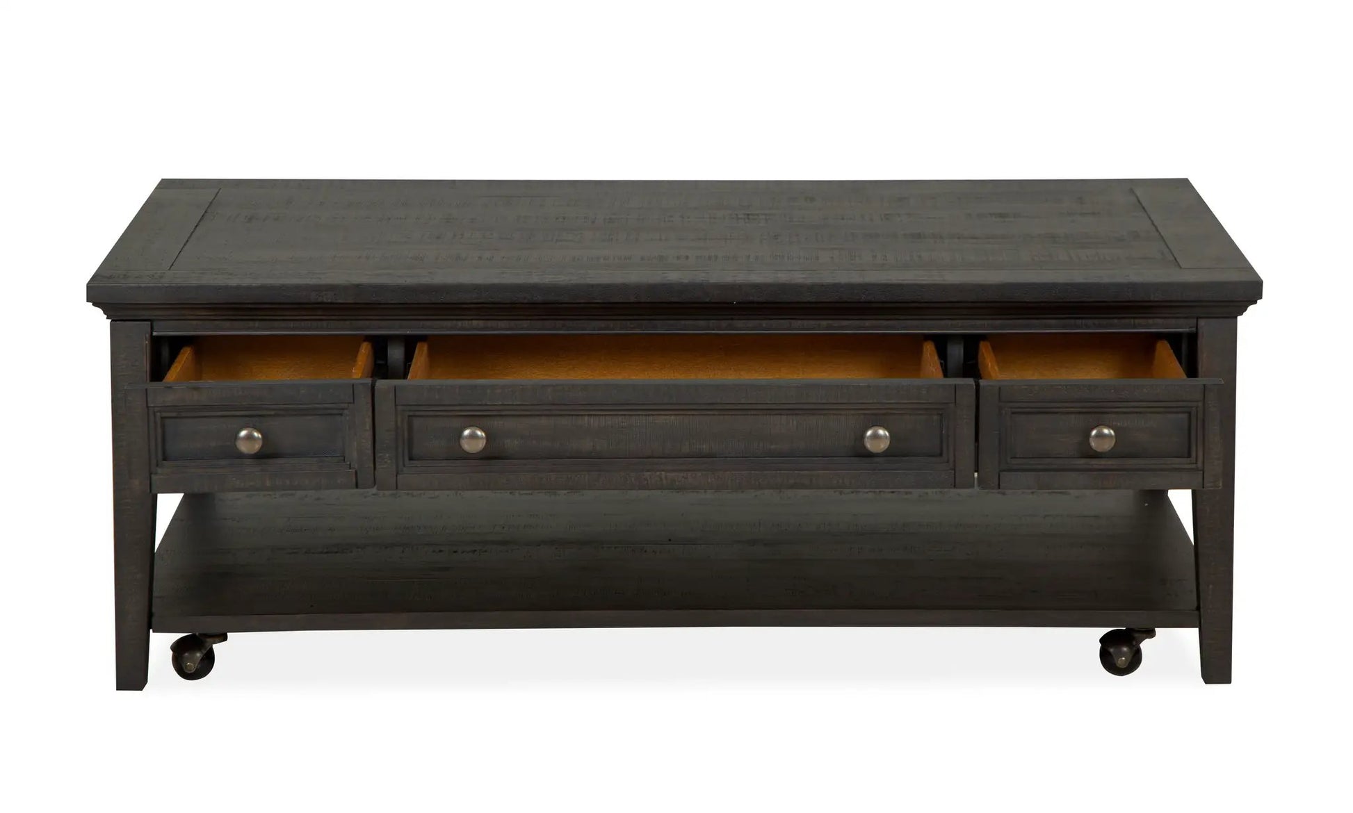 Westley Falls cocktail table with casters graphite finish, three drawers on Tampa Home & Garden Store