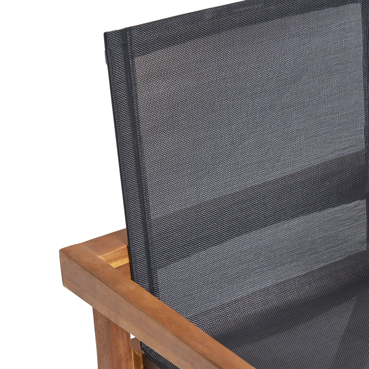 Belfast dining chair with dark gray mesh seating and acacia wood frame for outdoor use on Tampa Home & Garden Store