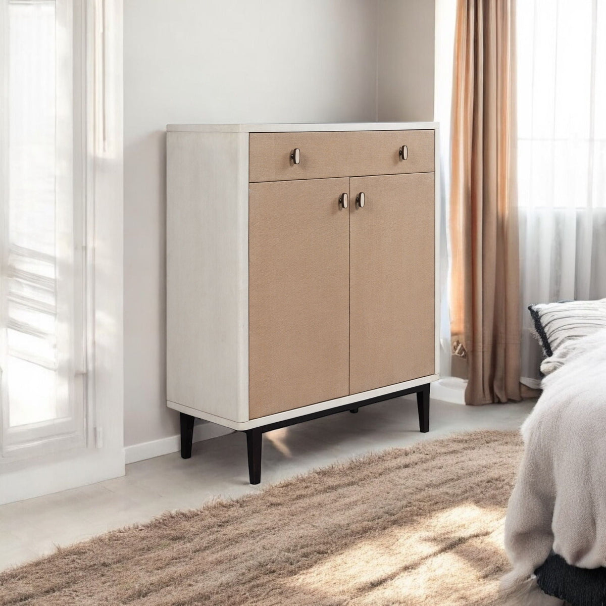 Bar cabinet with storage, white frame and pecan soft-close doors, HouseOfZazla cabinet on Tampa Home & Garden Store