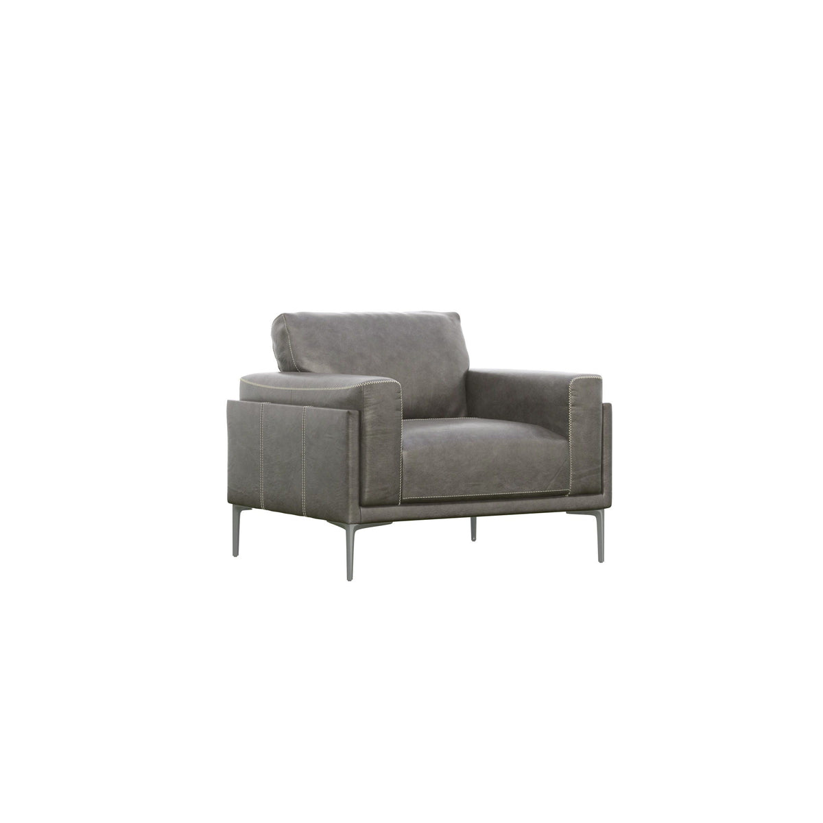 Transitional fabric arm chair with relaxed seating in dark gray, stitched detail and metal legs on Tampa Home & Garden Store
