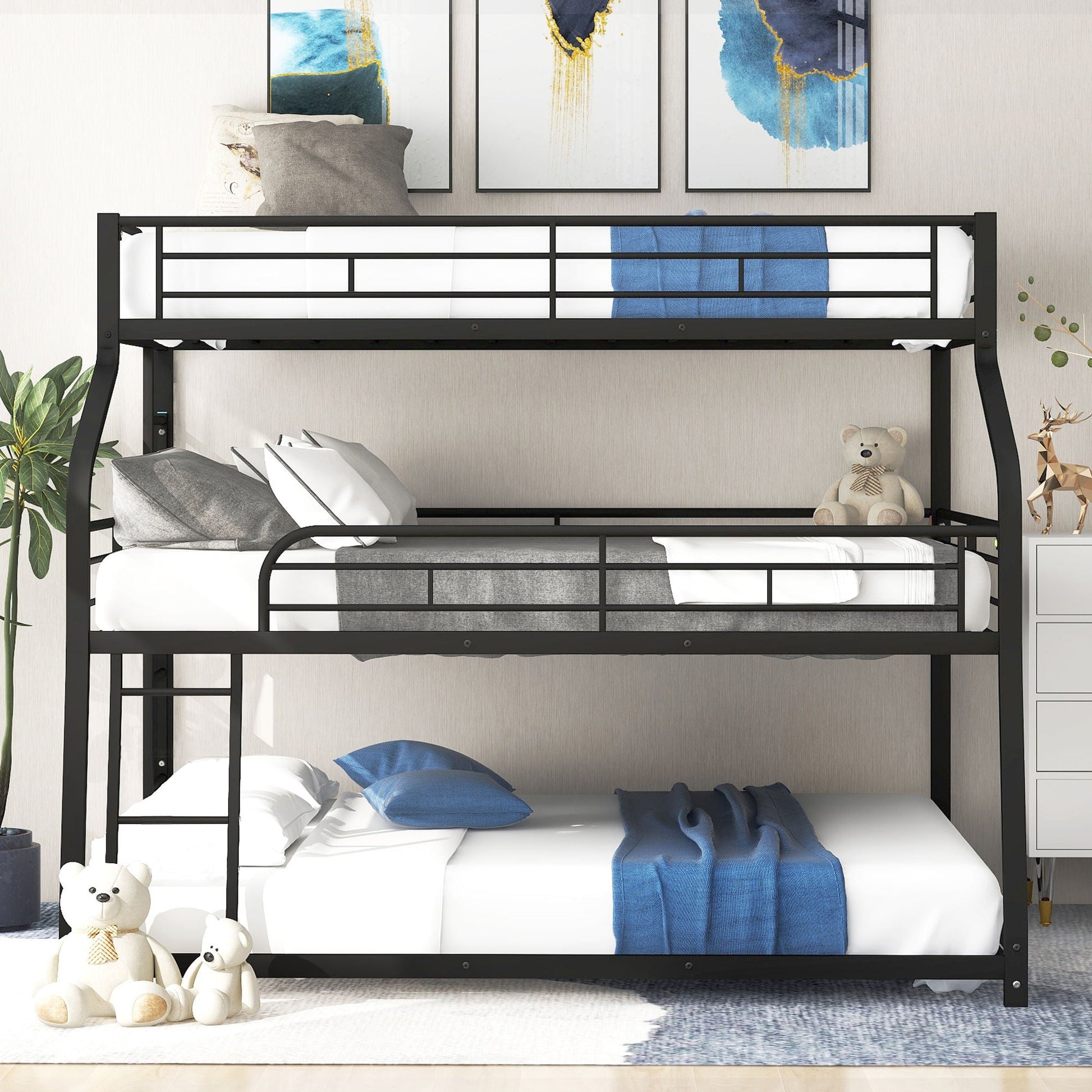Black metal triple bunk bed with long and short ladders and guardrails white bedding blue throw on Tampa Home & Garden Store