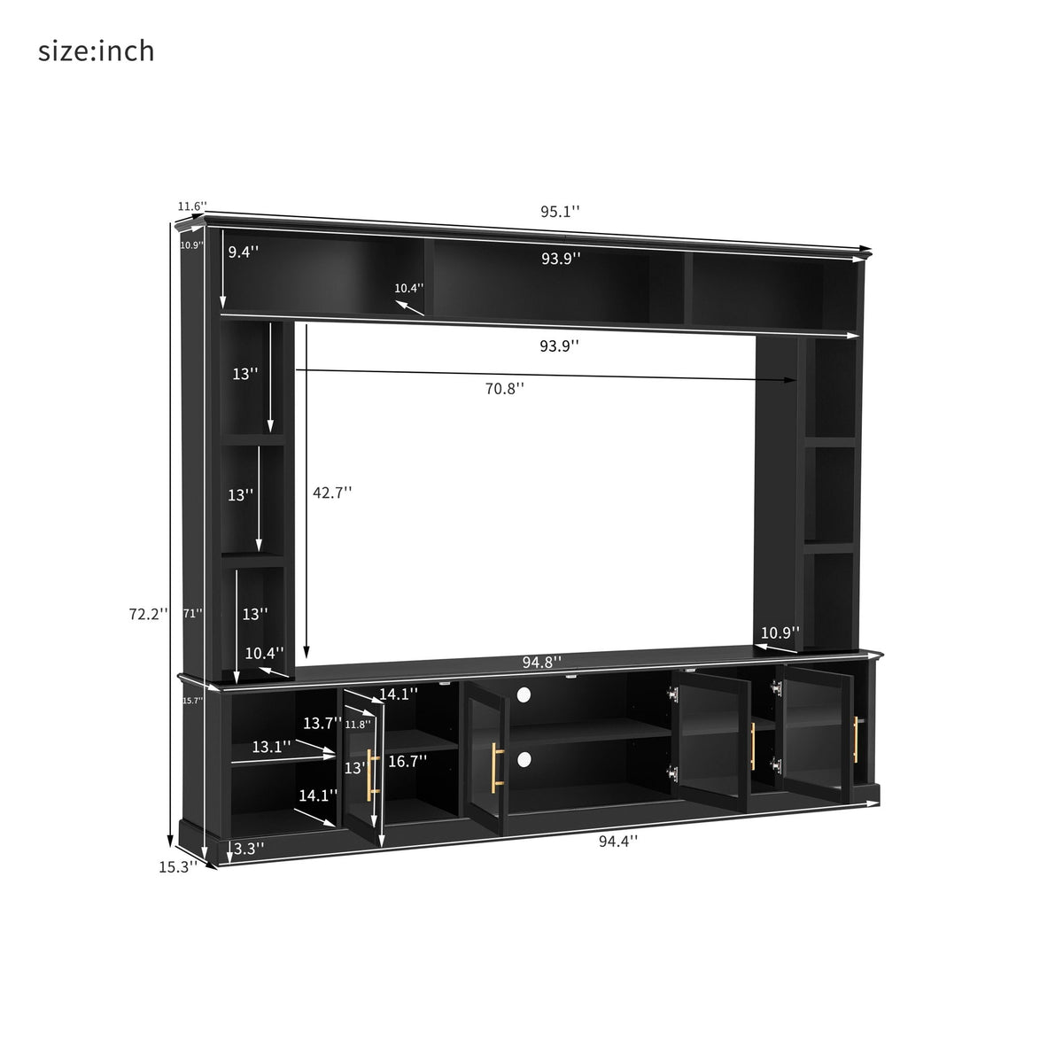 All-In-One Entertainment Center with tempered glass doors in black; wide TV stand with shelves on Tampa Home & Garden Store