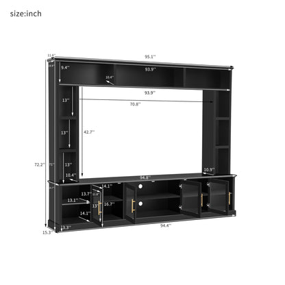 All-In-One Entertainment Center with tempered glass doors in black; wide TV stand with shelves on Tampa Home & Garden Store