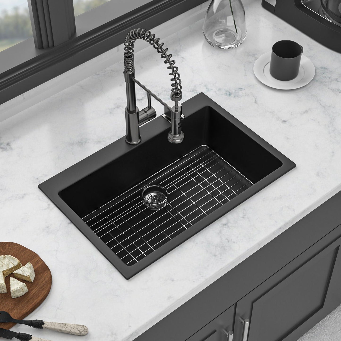 Black Quartz Composite Drop In Kitchen Sink