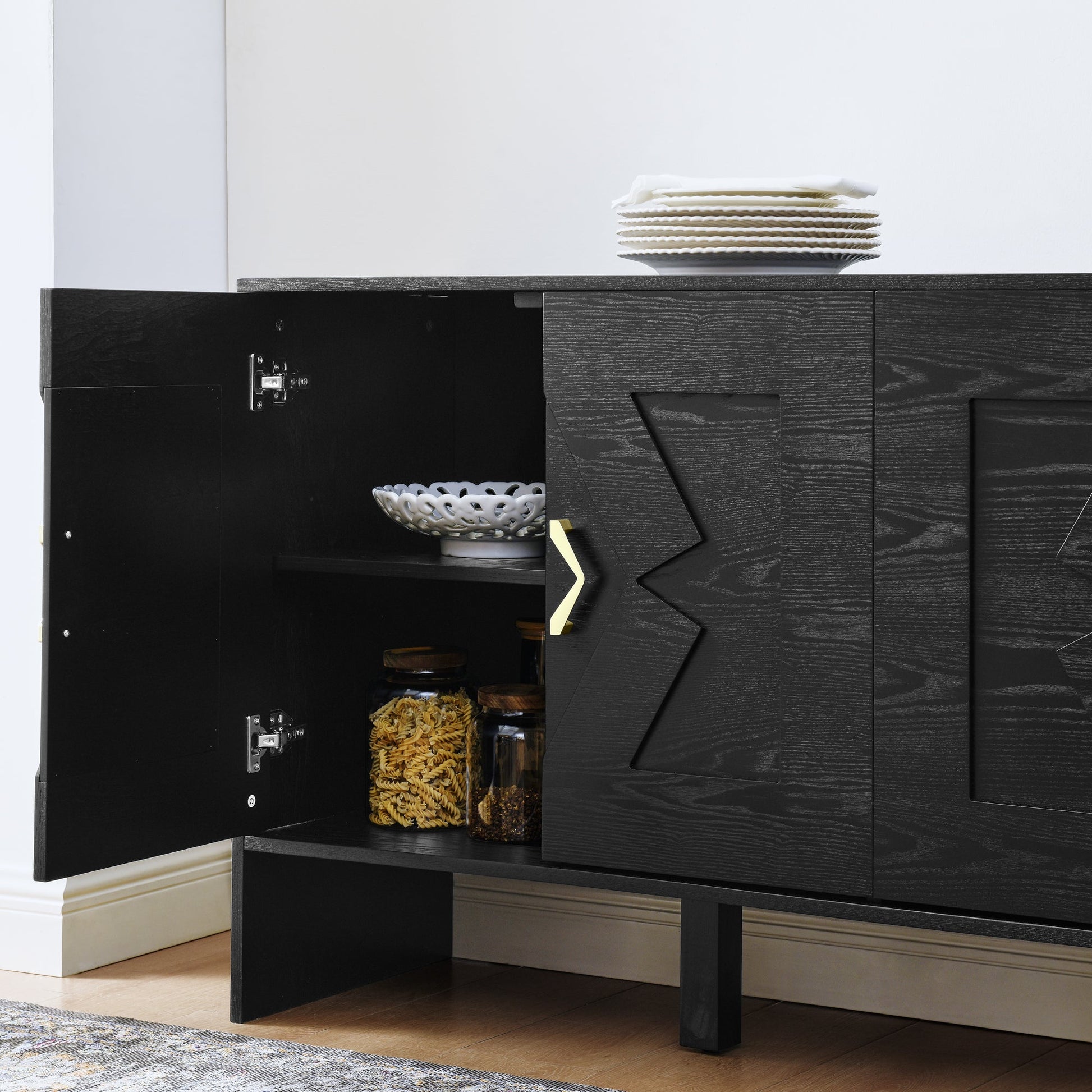 60in black mid-century modern sideboard with storage, shelves, plate stack top HouseOfZazla on Tampa Home & Garden Store
