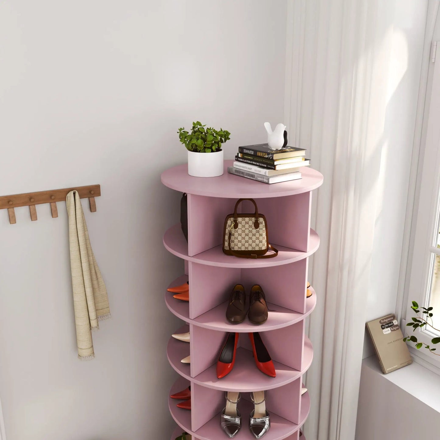 360° rotating shoe cabinet 6-layer in pink with multiple shoes on display on Tampa Home & Garden Store