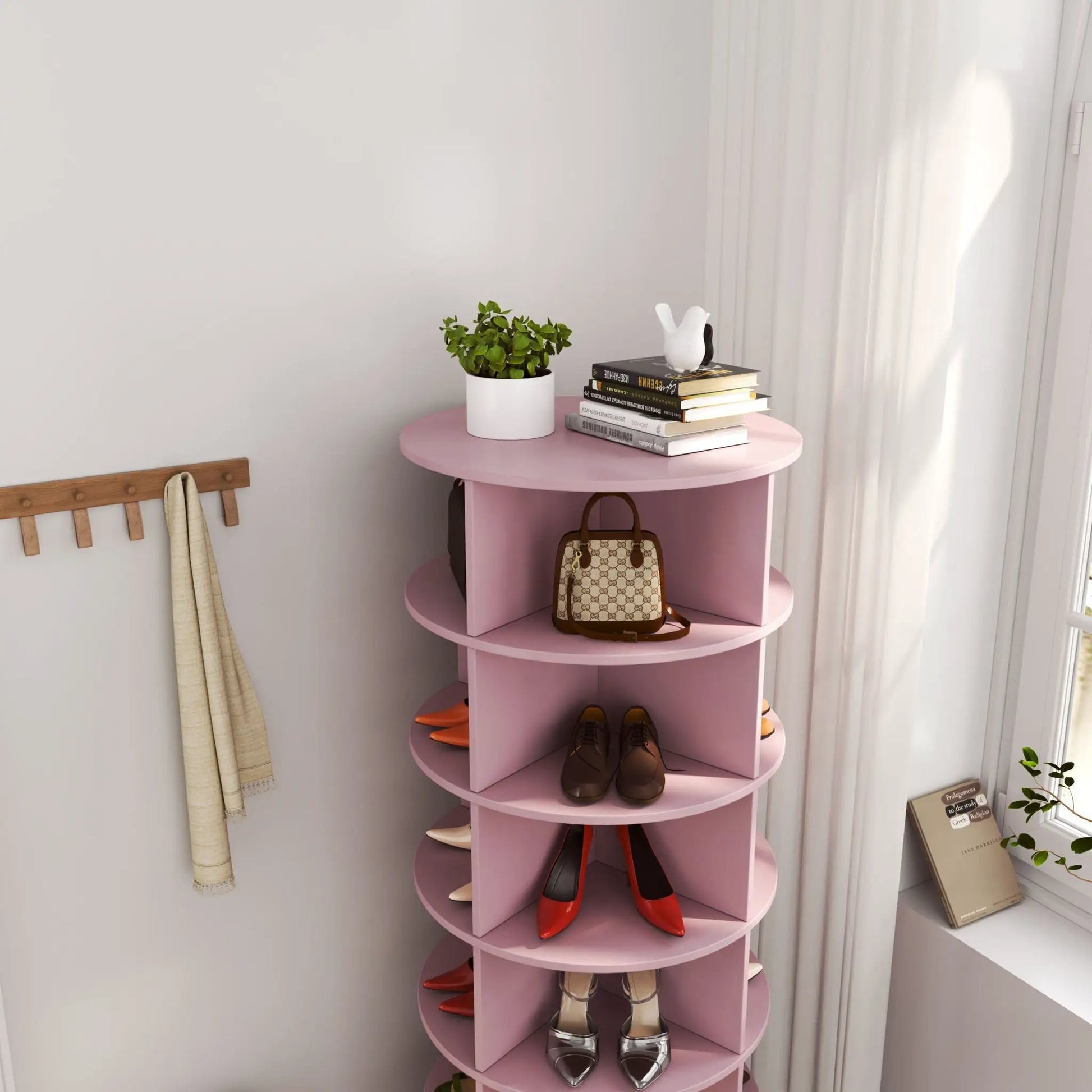 360° rotating shoe cabinet 6-layer in pink with multiple shoes on display on Tampa Home & Garden Store