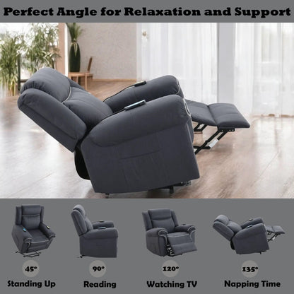 Domana dark blue polished microfiber power Nirion recliner with lift massage and heating on Tampa Home & Garden Store