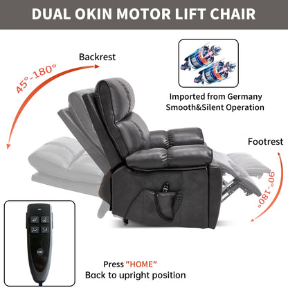 ComfortMax Dark Oversized Lift Recliner Chair, gray leather with remote, dual OKIN motor lift on Tampa Home & Garden Store
