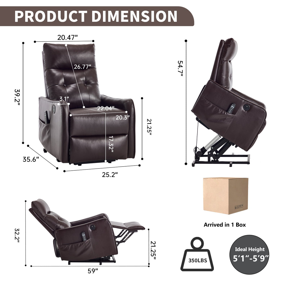 Brown PU single-motor lift recliner chair by HouseOfZazla with massage and heat on Tampa Home & Garden Store