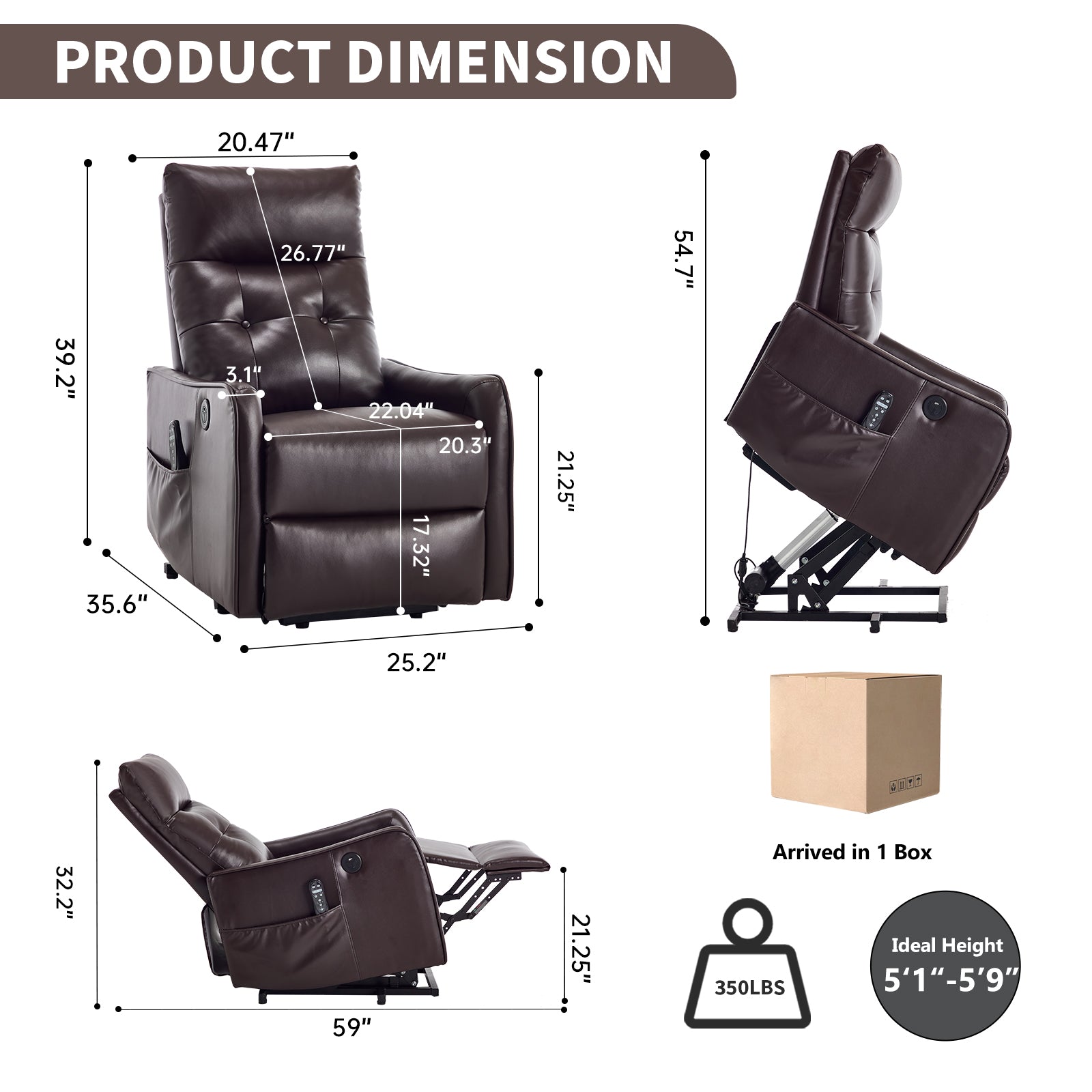 Brown PU single-motor lift recliner chair by HouseOfZazla with massage and heat on Tampa Home & Garden Store