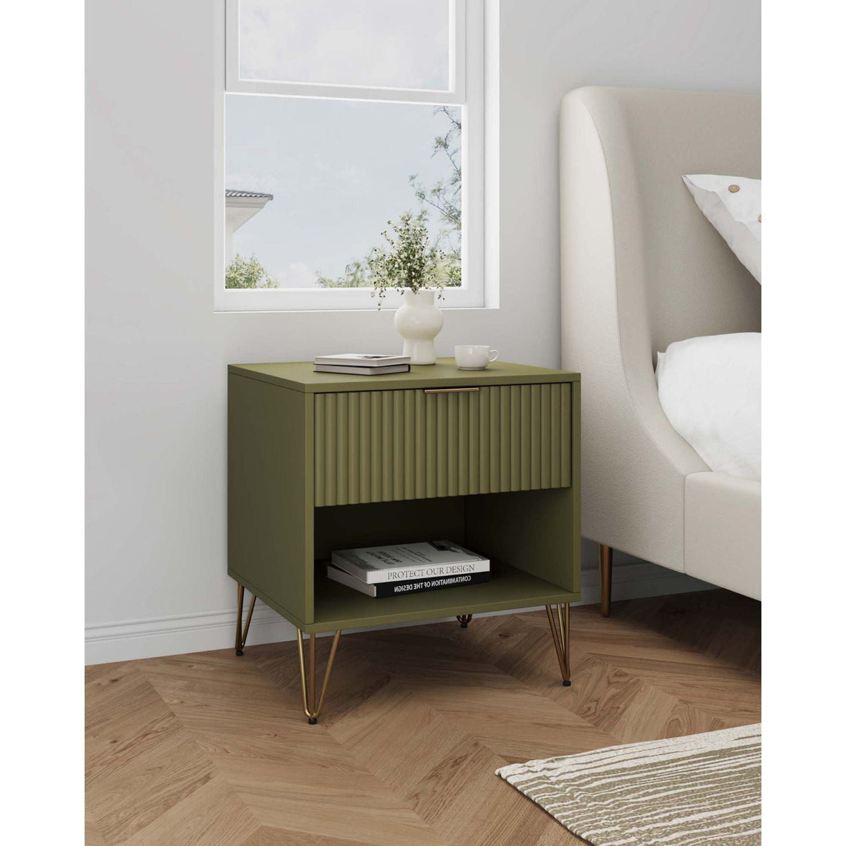 Olive green modern accent nightstand with fluted drawer and metal handles, vase and books on top on Tampa Home & Garden Store