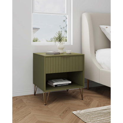 Olive green modern accent nightstand with fluted drawer and metal handles, vase and books on top on Tampa Home & Garden Store