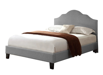 Kopa fabric upholstered bed in grey with nailhead trim headboard and matching frame on Tampa Home & Garden Store