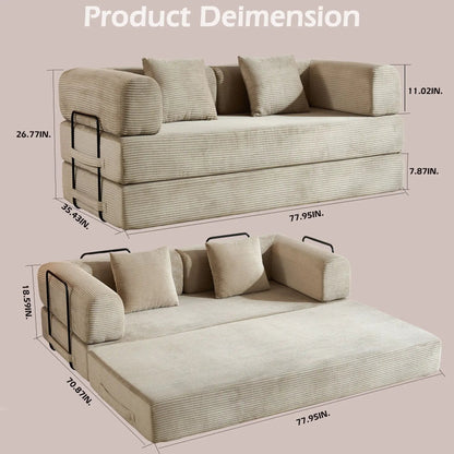 Futon sofa bed by Unique Piece Furniture in beige corded fabric with cylindrical bolster pillows on Tampa Home & Garden Store