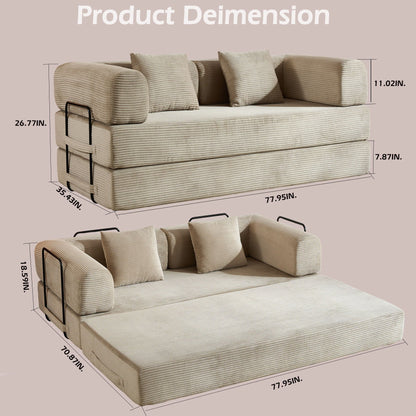 Futon sofa bed HouseOfZazla in beige corduroy with cylindrical pillows and fixed-frame design on Tampa Home & Garden Store