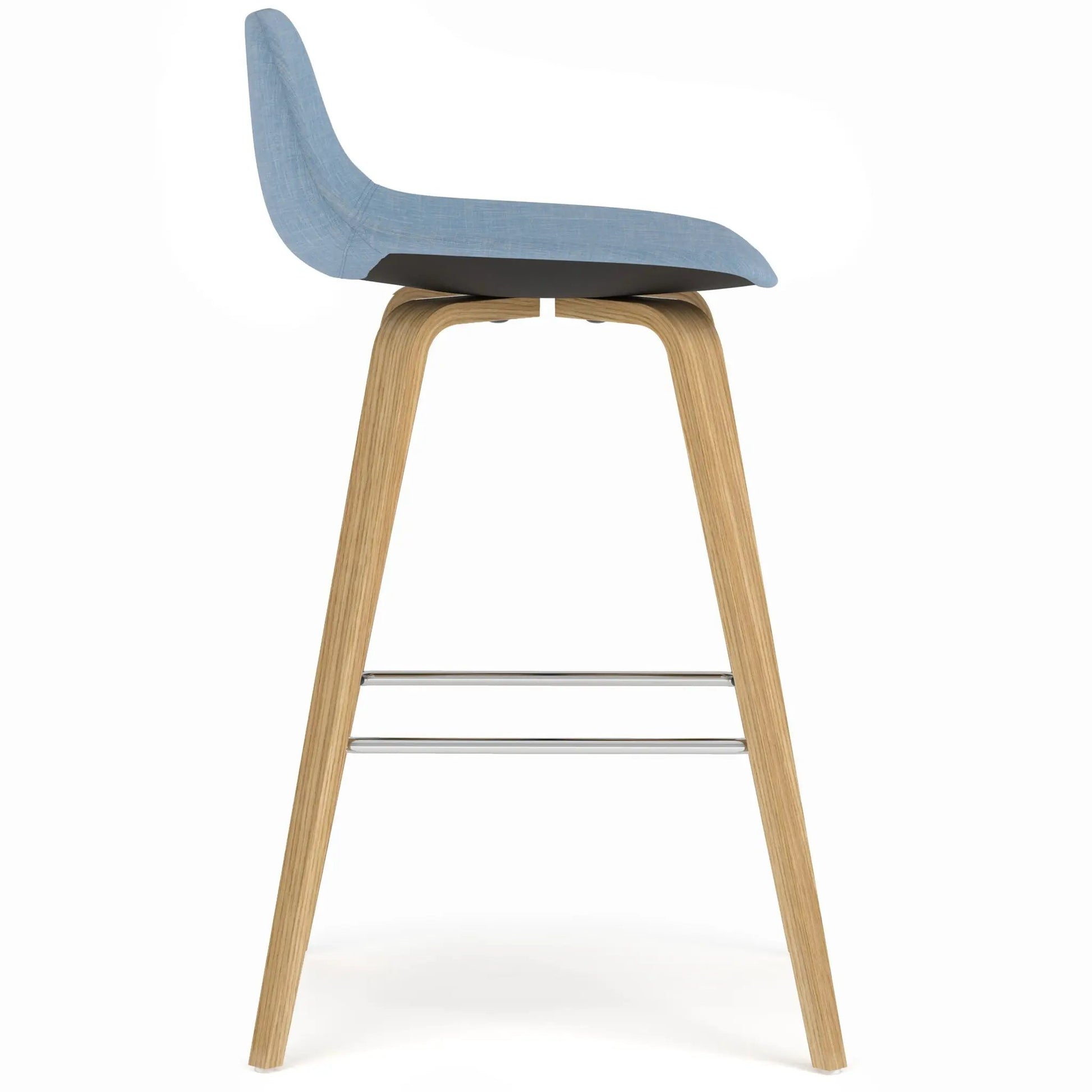 Randolph Bentwood upholstered counter stool in blue fabric, wood legs, chrome footrest on Tampa Home & Garden Store
