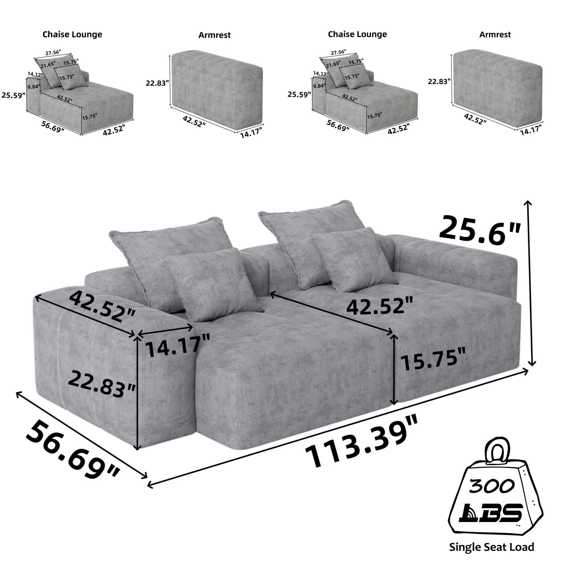 HouseOfZazla Modern Oversized DIY Combination Modular Sectional Sofa with Pillows grey fabric on Tampa Home & Garden Store