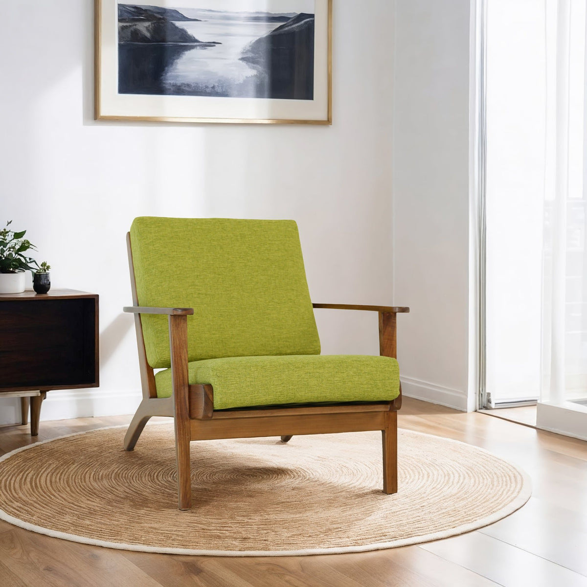 Genuine lounge chair with solid wood frame and green fabric upholstery plus armrests on Tampa Home & Garden Store