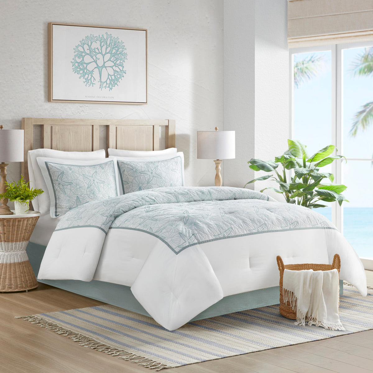 Comforter Set White King by HouseOfZazla with teal botanical print and border; includes shams on Tampa Home & Garden Store
