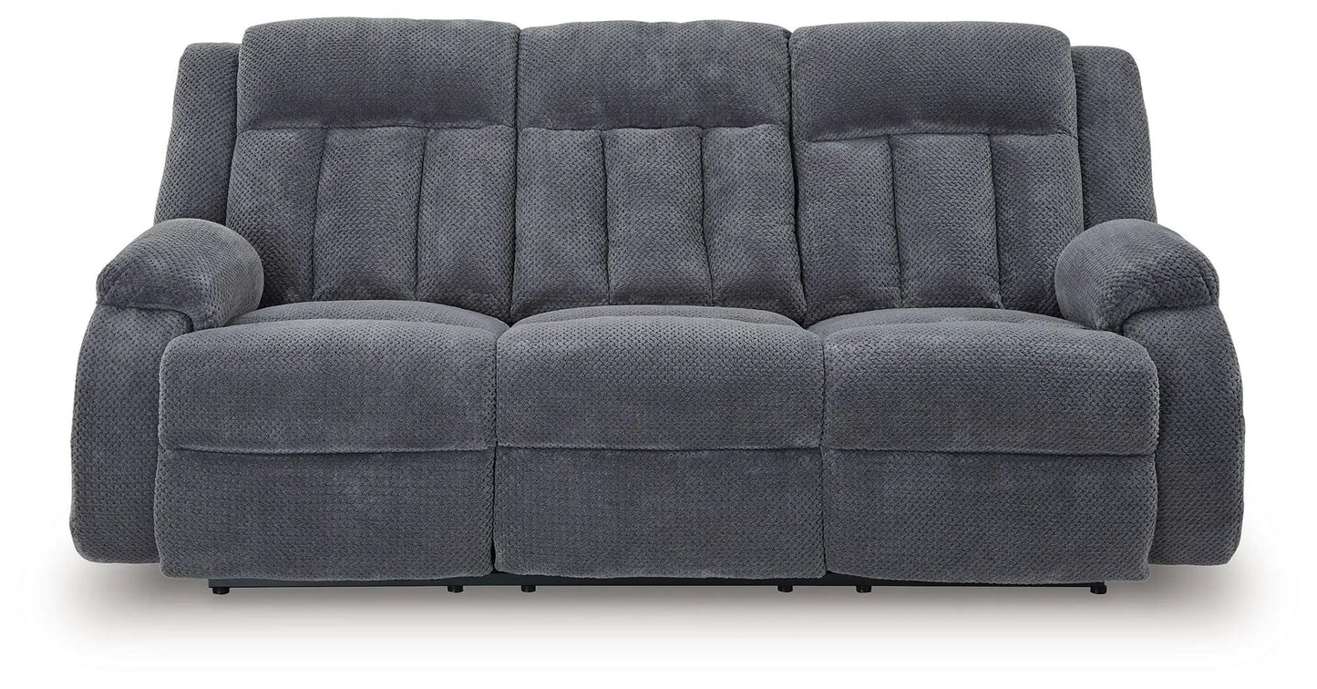 Observation reclining power sofa with drop-down table in steel gray upholstery, 3-seat on Tampa Home & Garden Store