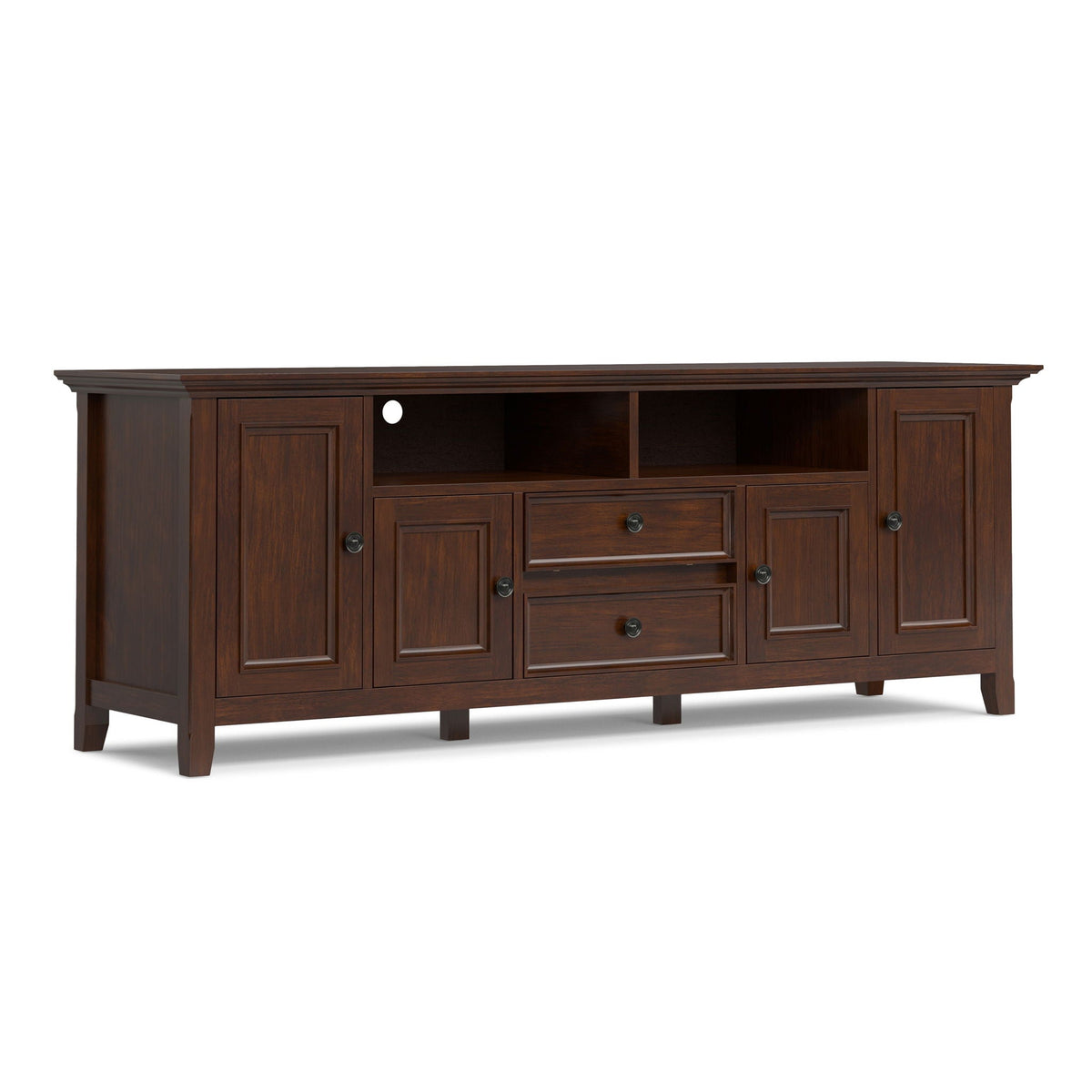 Amherst brown wood TV stand for 80-inch TVs with open shelf and cabinets on Tampa Home & Garden Store