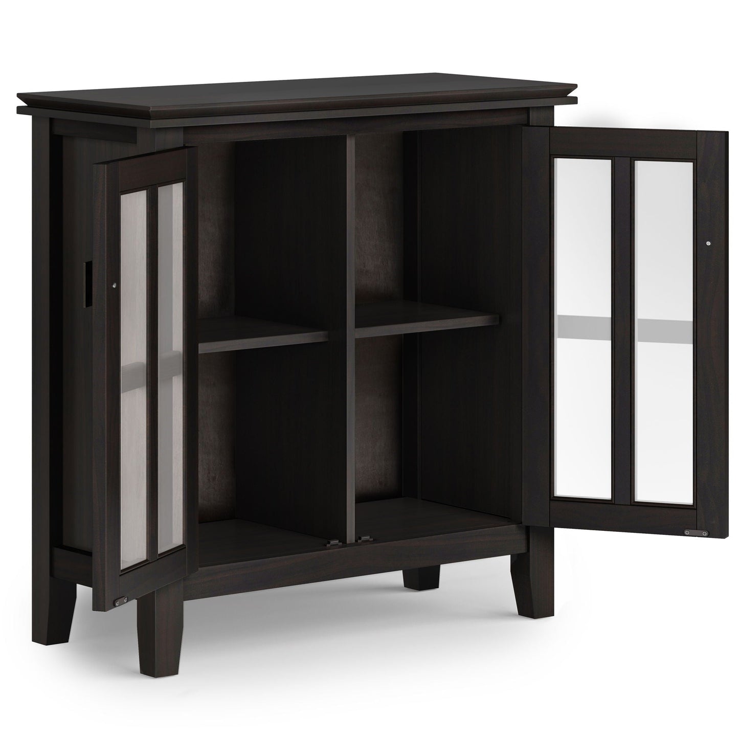 Artisan low storage cabinet in Hickory Brown with glass-front doors and open shelves on Tampa Home & Garden Store