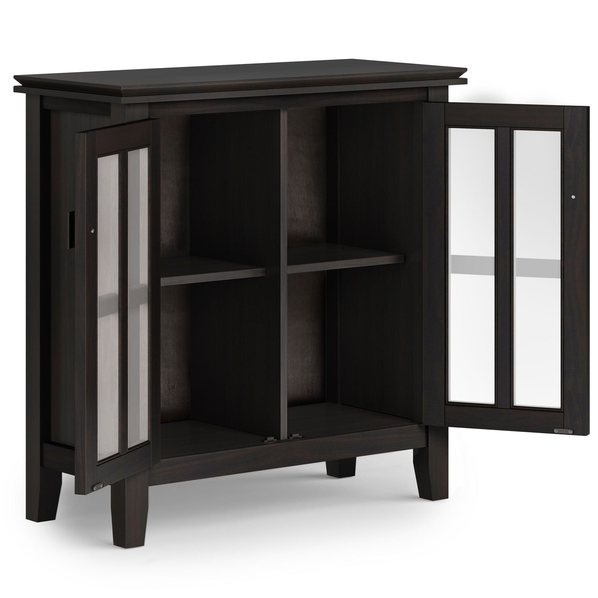 Artisan low storage cabinet in Hickory Brown with glass-front doors and open shelves on Tampa Home & Garden Store