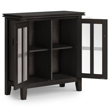 Artisan low storage cabinet in Hickory Brown with glass-front doors and open shelves on Tampa Home & Garden Store