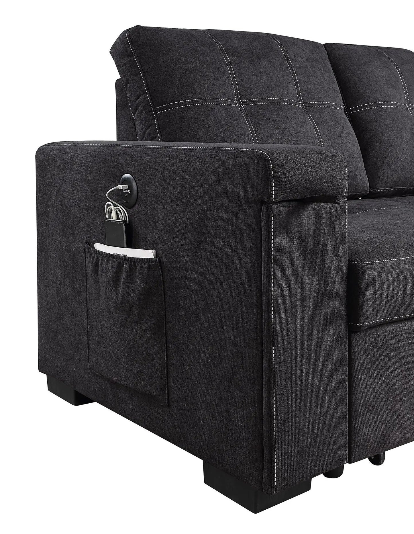 Toby woven fabric reversible sleeper sectional with storage chaise and cup holder in charcoal on Tampa Home & Garden Store