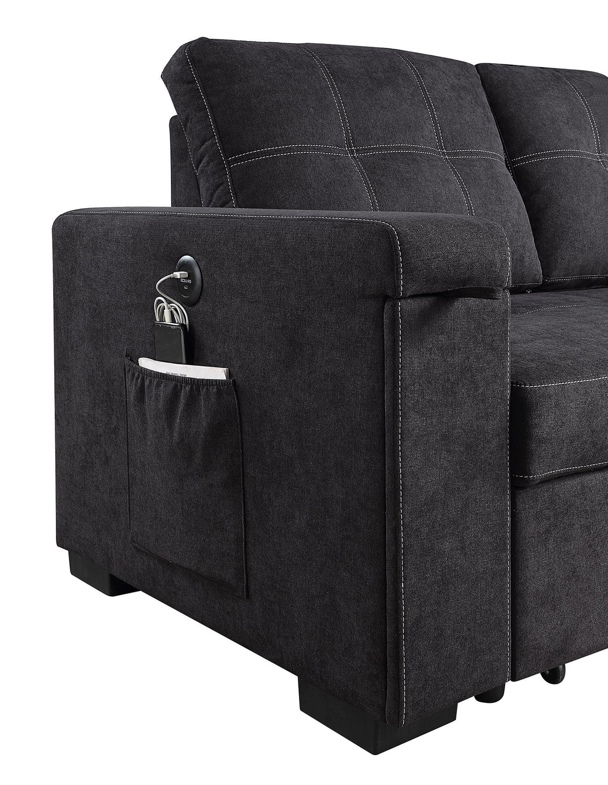 Toby woven fabric sleeper sectional sofa with USB charging port and storage pocket on Tampa Home & Garden Store