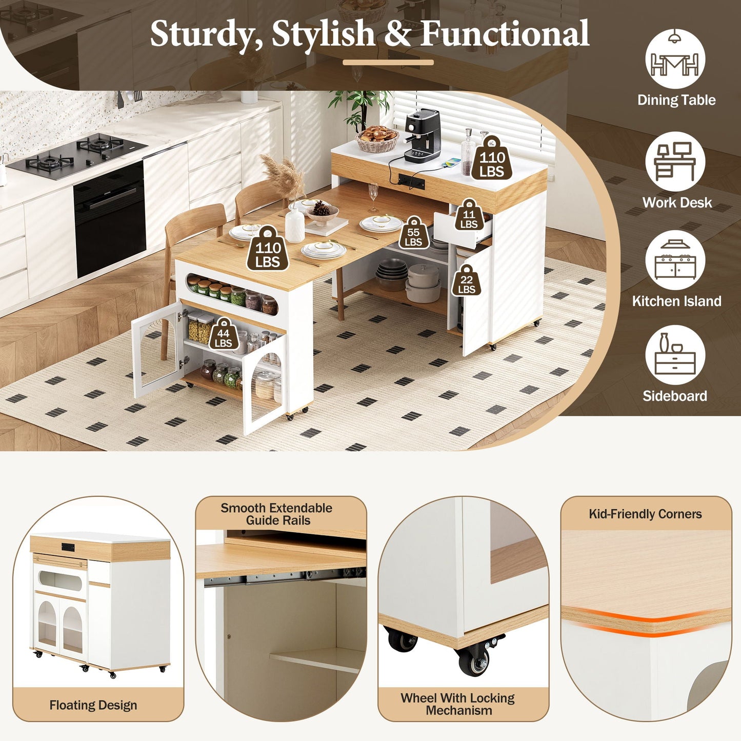 Extendable Table and Rolling Kitchen Island Cart