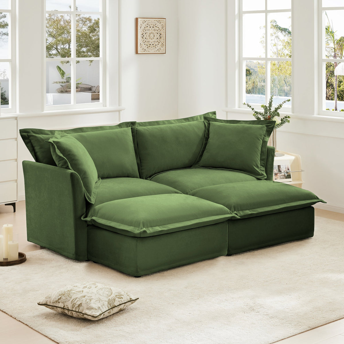 Chenille Slipcovered Sofa and 2 Cozy Ottomans