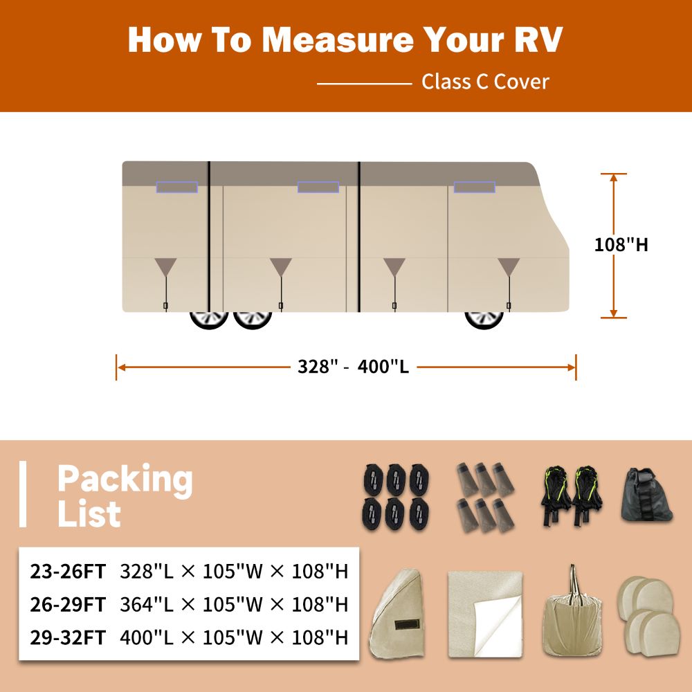 Umbrauto Class C RV cover khaki 7-layer anti-UV top panel, fits 23–32 ft on Tampa Home & Garden Store