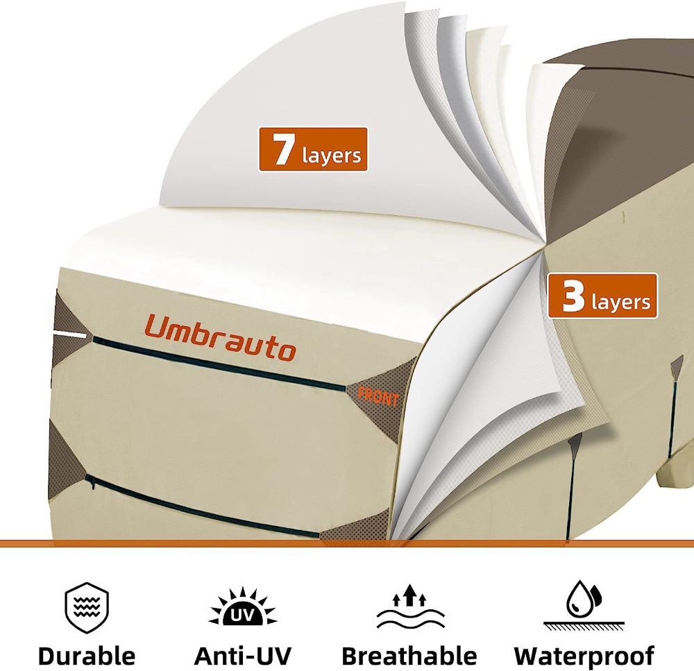 Umbrauto Class C RV Cover khaki with upgraded 7-layer top panel anti-UV design on Tampa Home & Garden Store