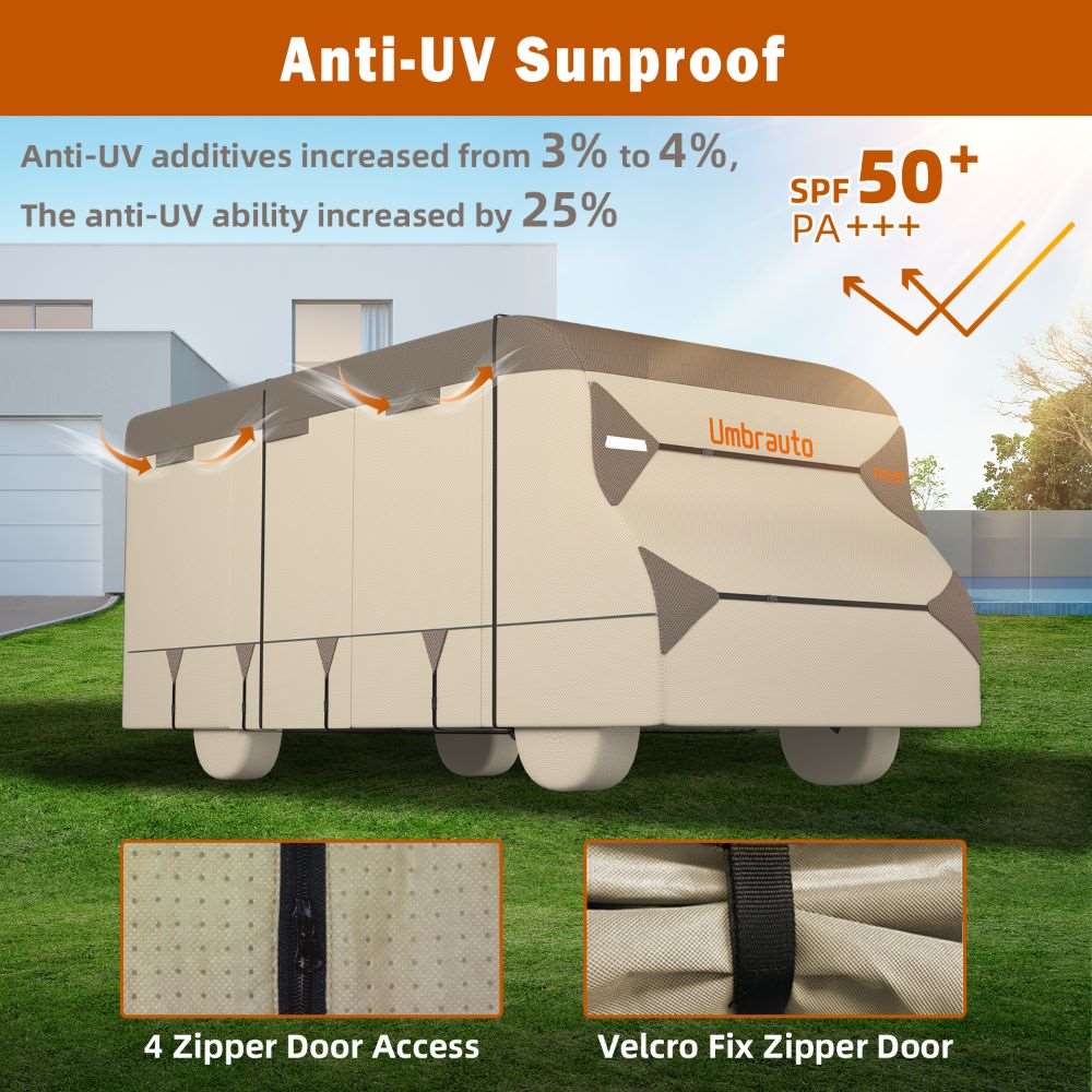 Umbrauto Class C RV Cover khaki with 7-layer anti-UV top; 4 zipper access, Velcro zipper door on Tampa Home & Garden Store