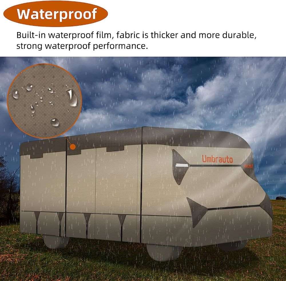 Umbrauto Class C RV cover khaki with 7-layer anti-UV top panel, waterproof motorhome protection on Tampa Home & Garden Store