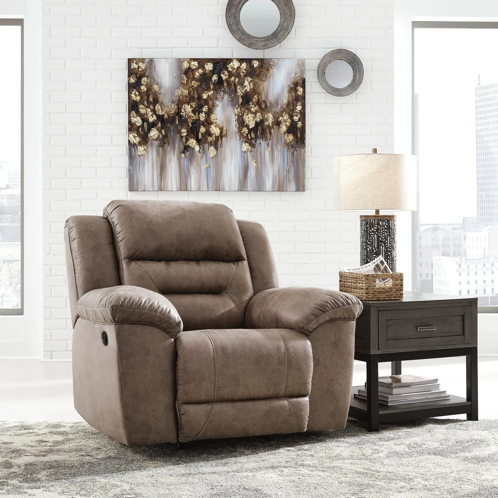 Stoneland rocker recliner in brown leather with plush cushions by Unique Piece Furniture on Tampa Home & Garden Store