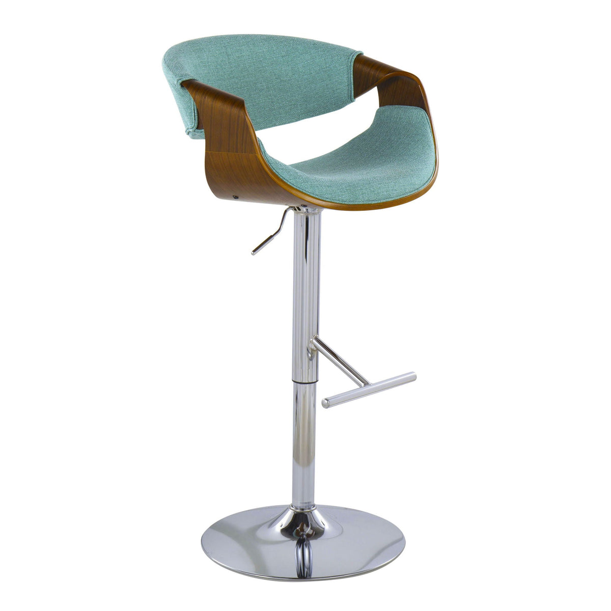 Mid Century Barstool with swivel, teal fabric, curved wood arms, chrome pedestal base on Tampa Home & Garden Store