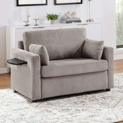 Sleeper sofa in taupe ribbed fabric with built-in side table arm on Tampa Home & Garden Store