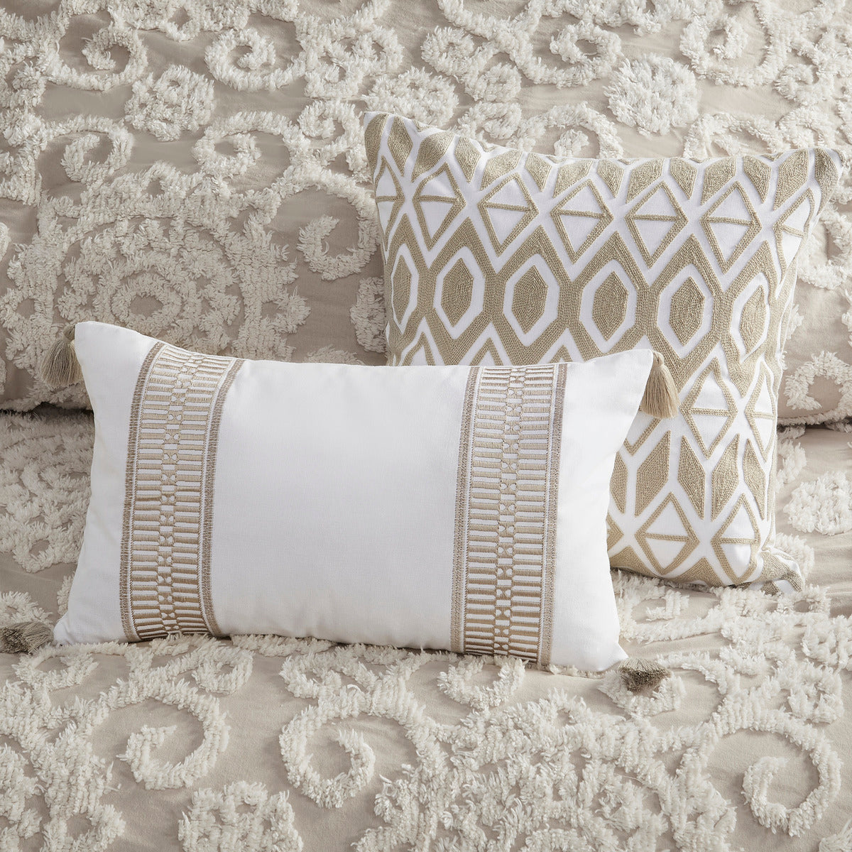 Cotton comforter mini set taupe king by HouseOfZazla; two taupe and white geometric pillows on Tampa Home & Garden Store