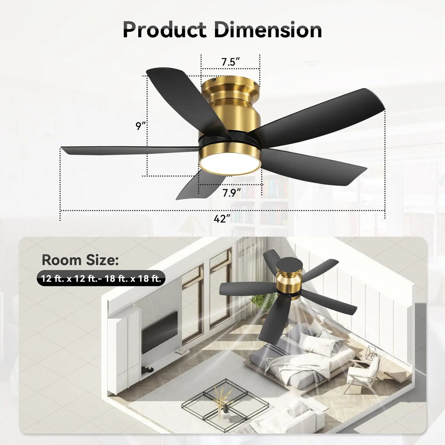 Unique Piece Furniture flush mount ceiling fan with LED light, brass body and black blades, 42in on Tampa Home & Garden Store